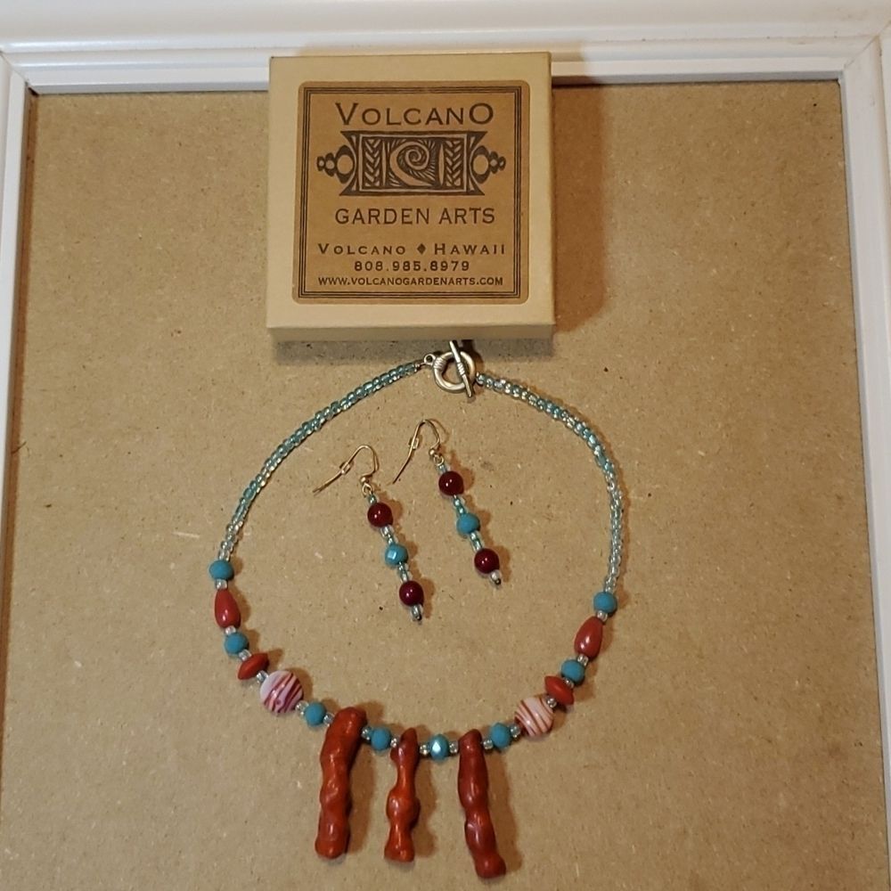 Volcano Garden Arts Red Coral Necklace Earrings Set 16" Beaded Artisanal